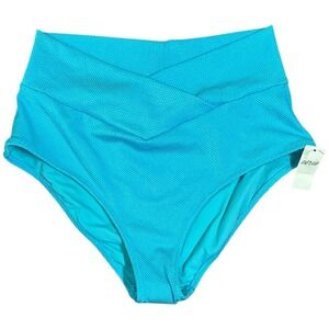 Aerie High Waisted Bikini Bottoms Blue Full Coverage Textured Size M